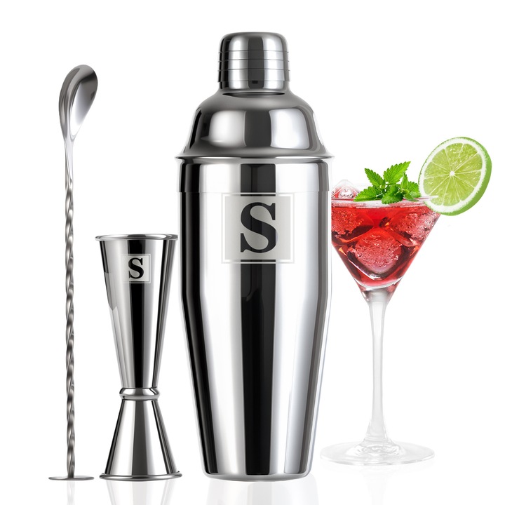 Blend Delicious 24 oz-os koktél shaker készlet 1 oz-os és 2 oz-os jiggerekkel - Martini shaker készlet monogrammal ellátott kezdőbetűkkel - 304 rozsdamentes acél rúdshaker