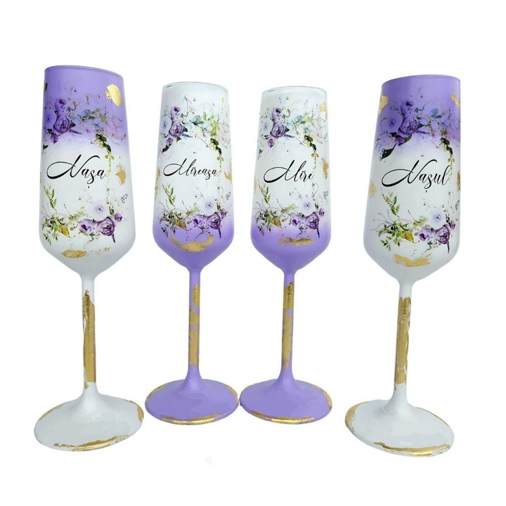 Set 4 Pahare pentru nunta, miri si nasi, alb cu floricele lila, sticla P111