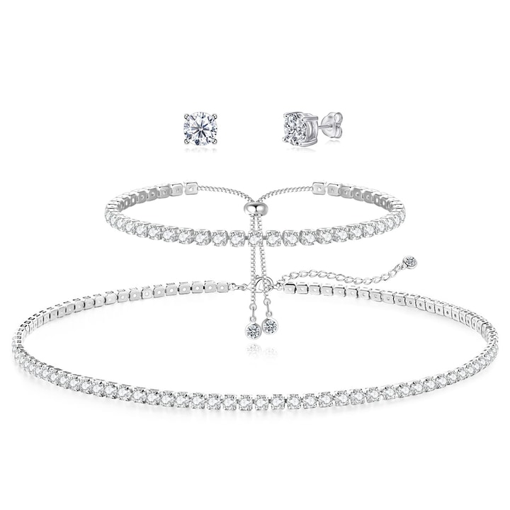 Set bijuterii femei, colier cu strasuri, si cercei si bratara, 3 buc, Vaxiuja, argint