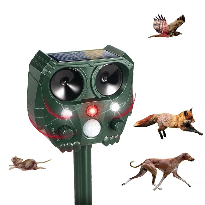 Aparat Ultrasunete Solar Fudisenn® Anti Daunatori, Senzor de Miscare PIR, Flash LED si Alarma Sonora, Incarcare USB + Solar, Protectie Gradina/Garaj impotriva Pisici, Caini, Pasari, Rozatoare, Verde