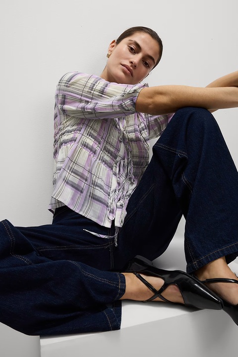 Marks & Spencer, Bluza cu imprimeu si decolteu rotund, Alb fildes/Gri deschis/Lila