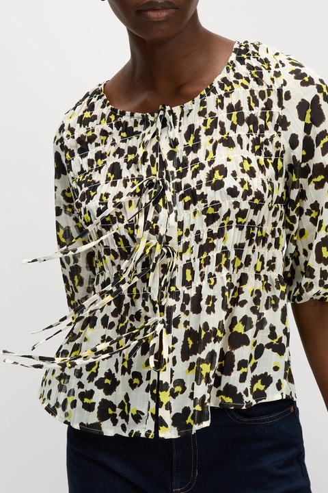 Marks & Spencer, Bluza cu imprimeu si decolteu rotund, Alb fildes/Galben/Negru stins