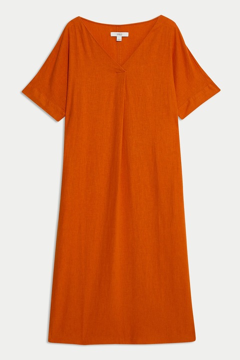 Marks & Spencer, Rochie midi din amestec de in cu decolteu in V, Portocaliu stins