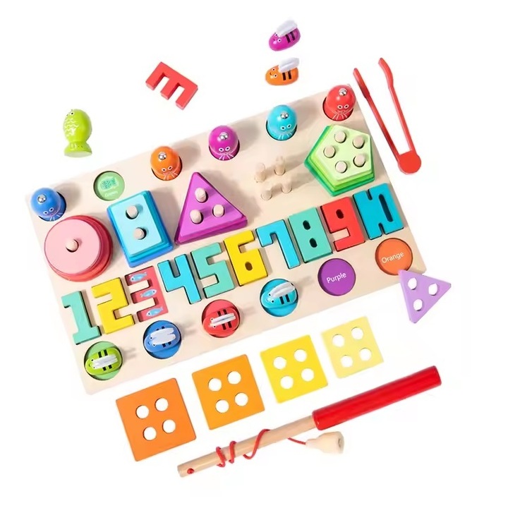 Jucarie educativa pentru copii 3 ani+, 4 in 1, cu 4 jorcuri diferite, din lemn, 32x19x5 cm, multicolor