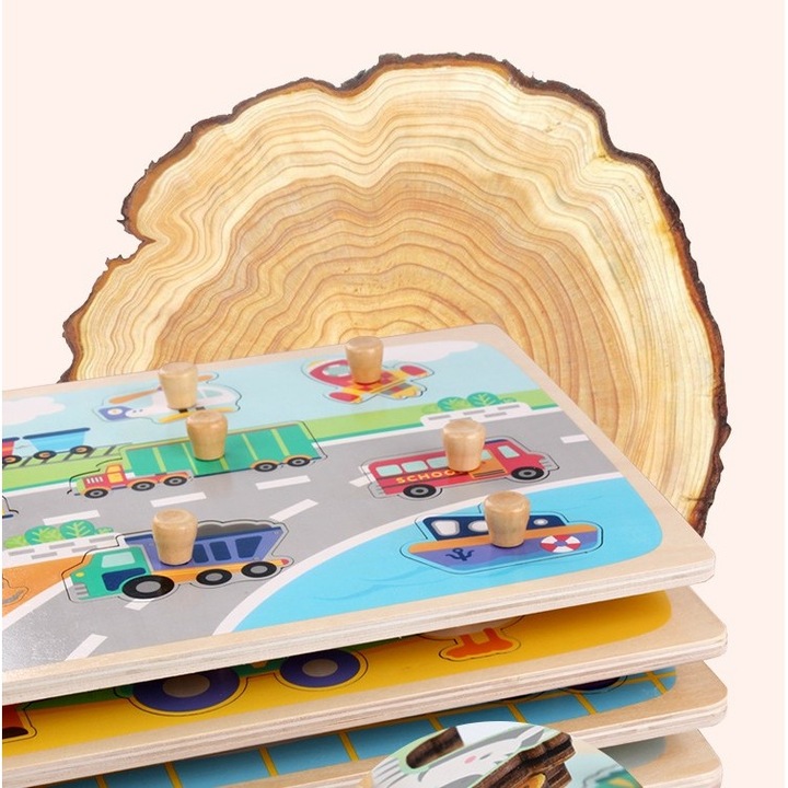 Puzzle Montessori din Lemn pentru Copii, 3D, 0-3 Ani, Model Insecte, Educativ, Intuitiv, Creativ, 9 Piese