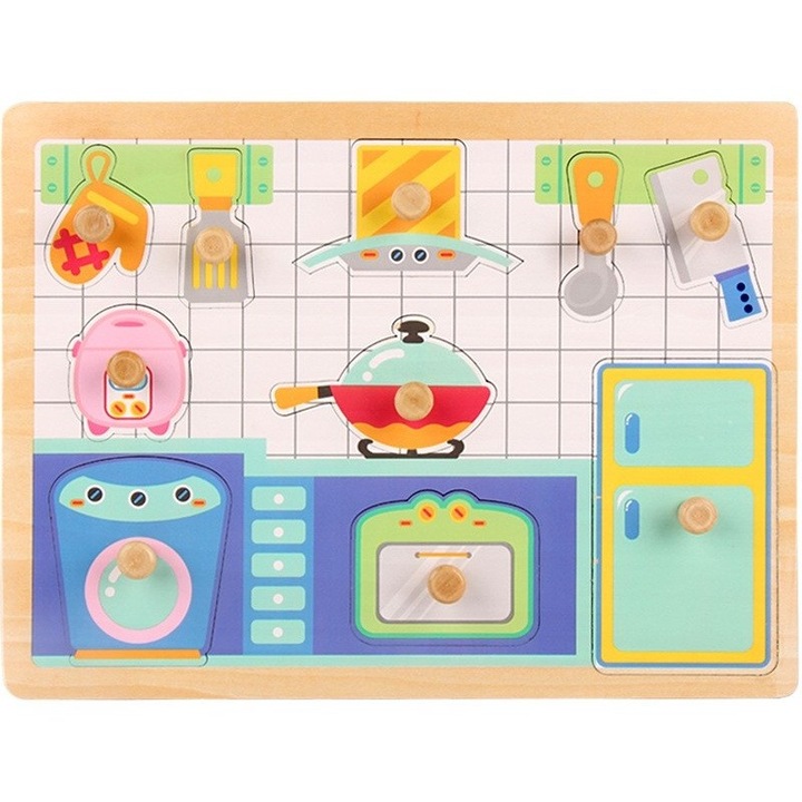 Puzzle Montessori din Lemn pentru Copii, Flippy, 3D, 0-3 Ani, Model Bucatarie, Educativ, Intuitiv, Creativ, 10 Piese, 30x22.5x0.8 cm, Multicolor