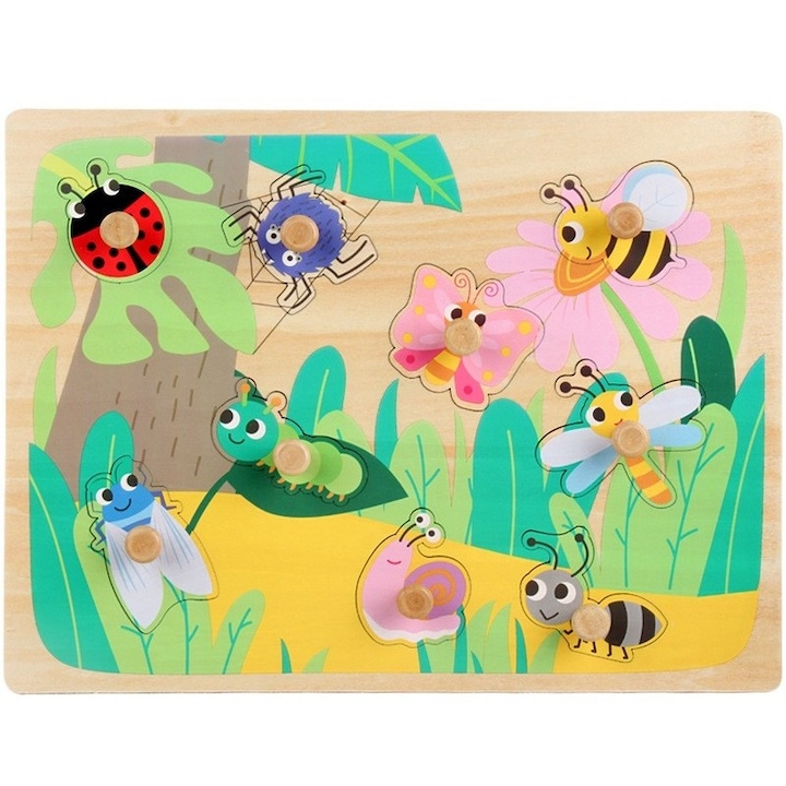 Puzzle Montessori din Lemn pentru Copii, 3D, 0-3 Ani, Model Insecte, Educativ, Intuitiv, Creativ, 9 Piese