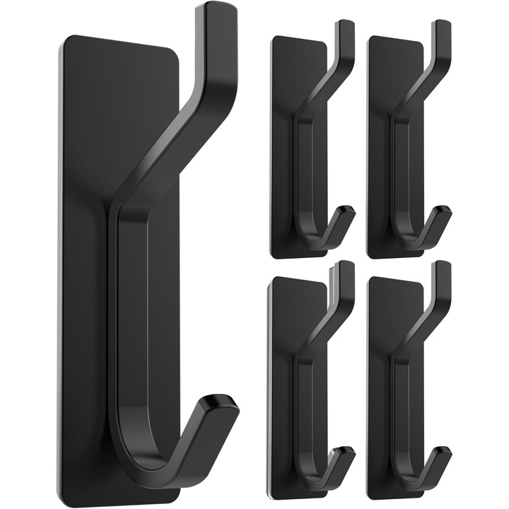 Set 5 carlige autoadezive, Rosilla, rezistente, fara gaurire, ideale pentru prosoape si haine, negru