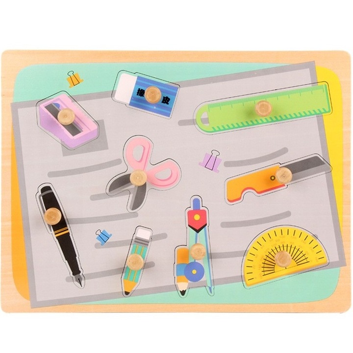 Puzzle Montessori din Lemn pentru Copii, 0-3 Ani, 3D, Model Instrumente Matematice, Educativ, Intuitiv, Creativ, 9 Piese, 30x22.5x0.8 cm, Multicolor
