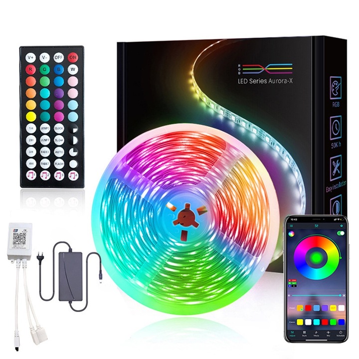 RGB LED лента 5050, 10 м, управлявана чрез Bluetooth и мобилно приложение, музикален режим, самозалепваща се, за вътрешна употреба