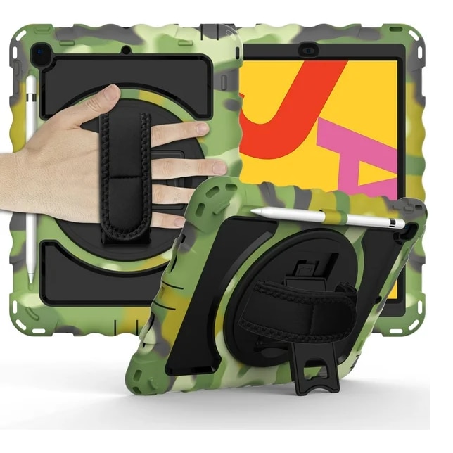 Husa Sigloo, pentru tableta Samsung Tab A 2019, 10.1'', T510/T515, Hybrid 3in1 Rugged Built-in Kickstand 360 ° Stand rotativ, curea de mana, Corner Shockproof, Camuflaj
