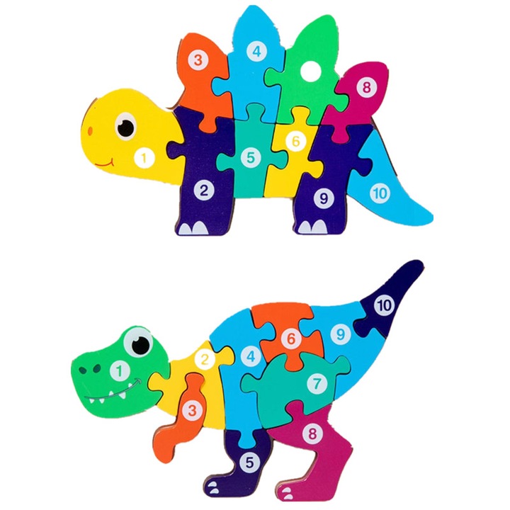 Puzzle pentru copii, Pachet de 6, din lemn, Numere pentru copii mici, dinozauri, Puzzle-uri cu animale, Jucarie distractiva, Potrivite pentru baieti si fete de 2 ani, Multicolor