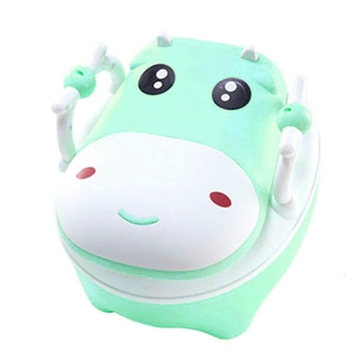 Olita pentru Copii, +1 an, Portabila, Design Vacuta cu Capac, Model Prietenos, Non-Toxic, cu Manere, Compartiment Detasabil, Perie Inclusa, Usor de Curatat, Verde