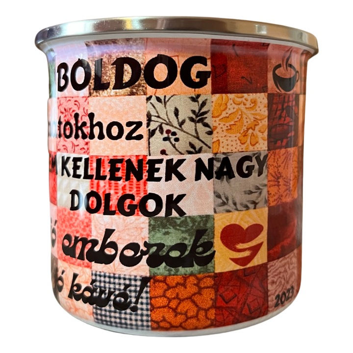 Cana din otel alb emailat, Volum de 360 ml (12oz), model colorat cu text in limba maghiara despre momente placute si o cafea buna