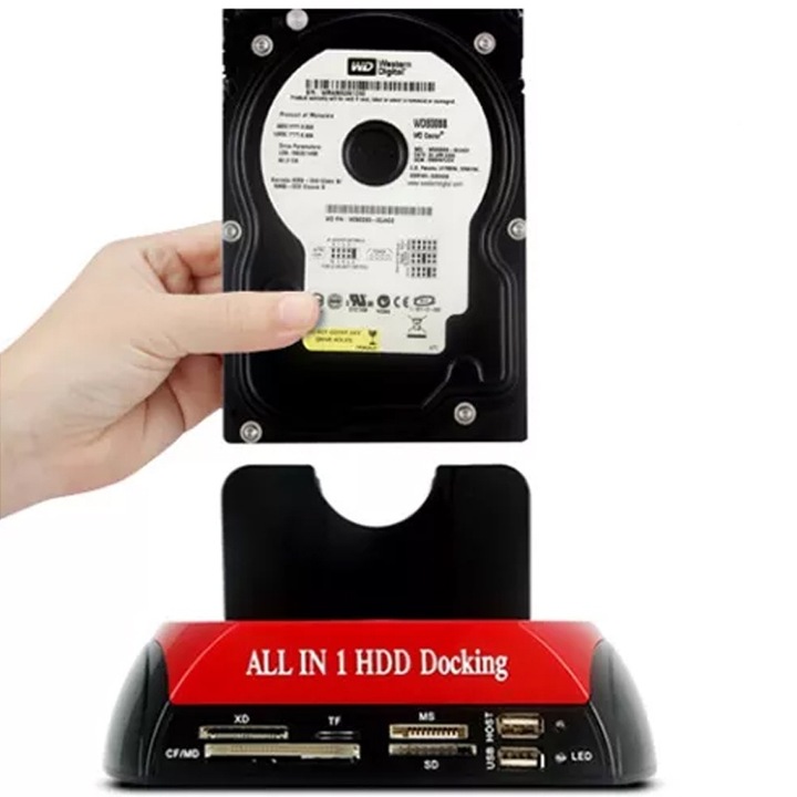 Докинг станция за твърд диск RETOO Connect за 2,5”/3,5” SATA & IDE HDD/SSD, USB 3.0, E-SATA, SD/TF/MS/XD четец на карти, OTB функция, USB 2.0 хъб, Windows & Mac съвместим, 12V захранване, черен, бързо архивиране, високоскоростен трансфер, Plug & Play