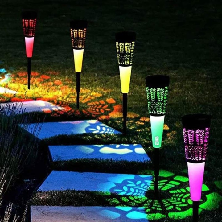 Set 6 Lampi Solare De Exterior Decorative SIKS, Alb Rece SI Multicolor, Pentru Gradina Cu Incarcare Solara De Tip Palnie, Cu Tarus, Senzor De lumina, Rezistente La Apa, Negru