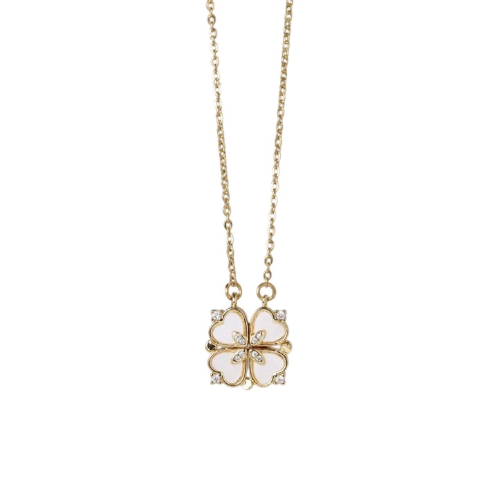 Lantisor cu pandantiv trifoi cu patru foi ce se desface in inima, incrustat cu pietre, placat cu aur din otel titan, culoarea auriu, 43.5 + 6 cm