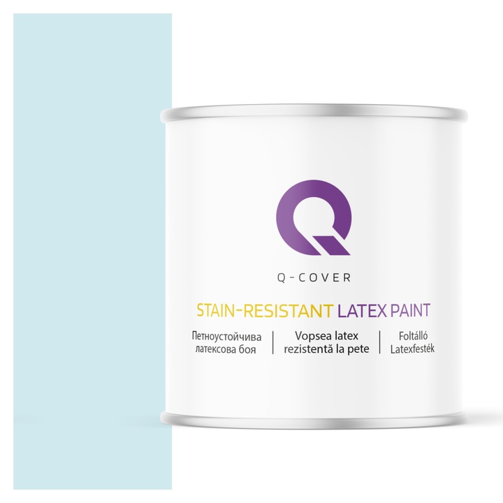 Vopsea latex Rezistenta La Pete, Q-Cover, Alb cu tenta de albastru H0378, pentru interior, pe baza de apa, galeti de fier, usor de aplicat, rezistent la frecare, elimina reflexiile luminii, sigura pentru persoanele alergice, fara miros, tixotropa, Mat, 2L