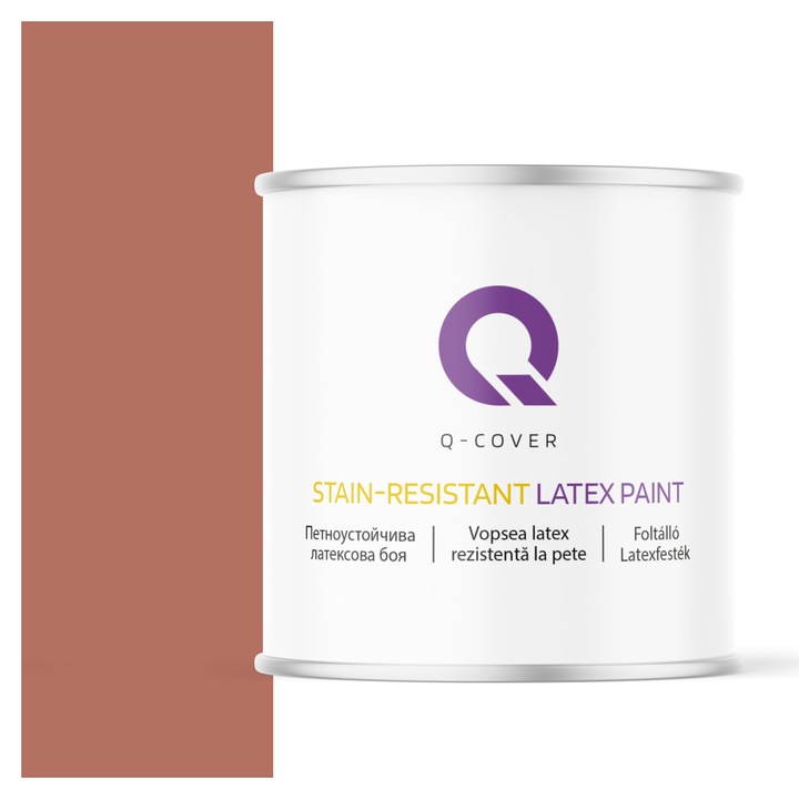 Vopsea latex Rezistenta La Pete, Q-Cover, Caramiziu H4728, pentru interior, pe baza de apa, galeti de fier, usor de aplicat, rezistent la frecare, elimina reflexiile luminii, sigura pentru persoanele alergice, fara miros, tixotropa, Mat, 2L