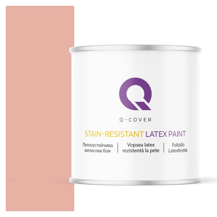 Vopsea latex Rezistenta La Pete, Q-Cover, Somon deschis H5551, pentru interior, pe baza de apa, galeti de fier, usor de aplicat, rezistent la frecare, elimina reflexiile luminii, sigura pentru persoanele alergice, fara miros, tixotropa, Mat, 2L