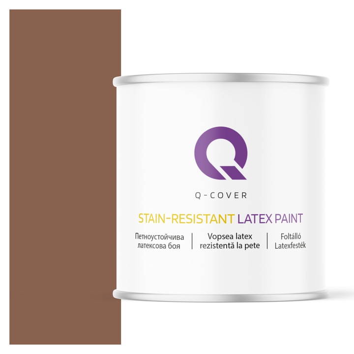 Vopsea latex Rezistenta La Pete, Q-Cover, Ciocolatiu H4515, pentru interior, pe baza de apa, galeti de fier, usor de aplicat, rezistent la frecare, elimina reflexiile luminii, sigura pentru persoanele alergice, fara miros, tixotropa, Mat, 2L