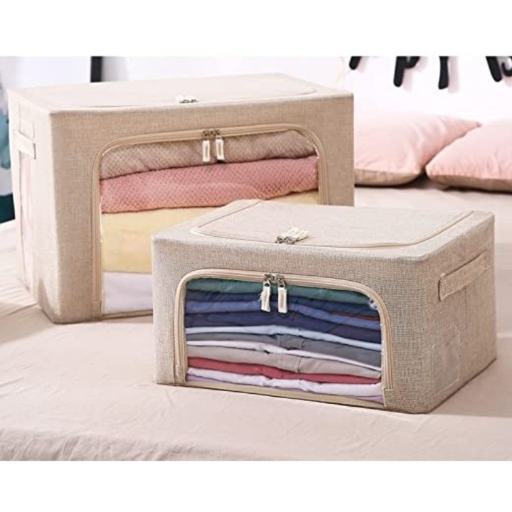 Cutie de depozitare pliabila, OEM, Cu fermoar, 66 L, Textil, 50x40x33 cm, Cadru Metalic, Suport Baza Stabil din Plastic, Crem