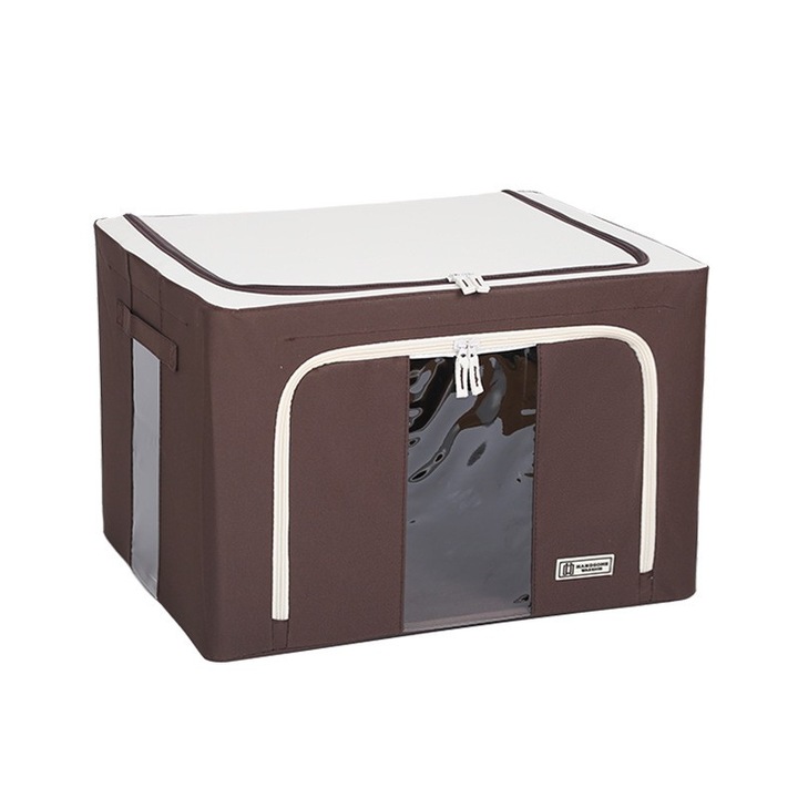 Összehajtható tárolódoboz, Flippy, ablakkal és dupla cipzárral, 66 l, prémium textil, 50x40x33 cm, fém keret, vízálló, barna