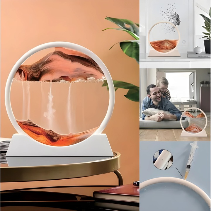 Clepsidra Decorativa 3D cu Nisip Rosu, Design Elegant si Modern, Inaltime 17.5 cm, Simbol al Timpului si Relaxarii, Accesoriu pentru Birou, Biblioteca sau Decor Interior