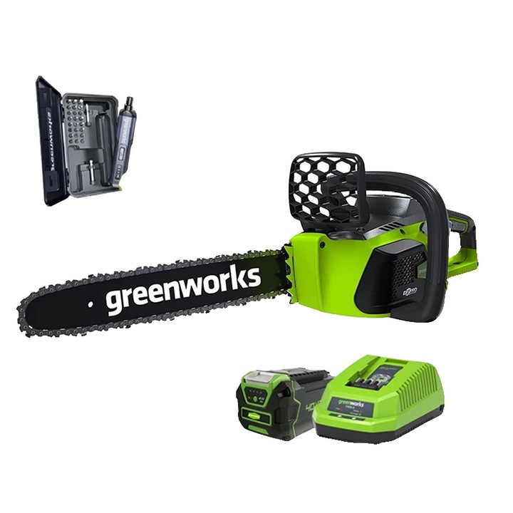 Greenworks 40 V-os láncfűrész, kefe nélküli motor, 16 hüvelykes Oregon láncrúd, 16 hüvelykes, egy akkumulátor
