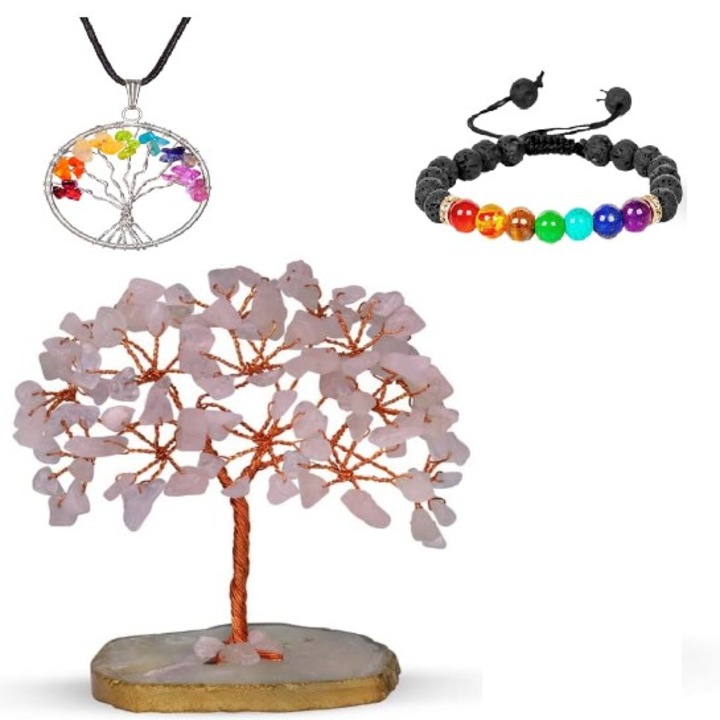 Életfa kristályokkal a 7 csakrához, medál, női, rózsaszín