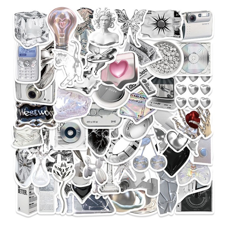 Set Stickere Decorative 66 Pcs, Argintii si Cristal, Waterproof, pentru Laptop, Bicicleta, Suitcase