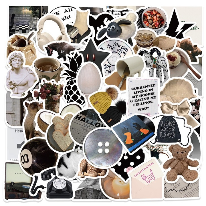 Set 60 Stickere Decorative Alb-Negru, Waterproof, pentru Laptop, Bicicleta, Geanta