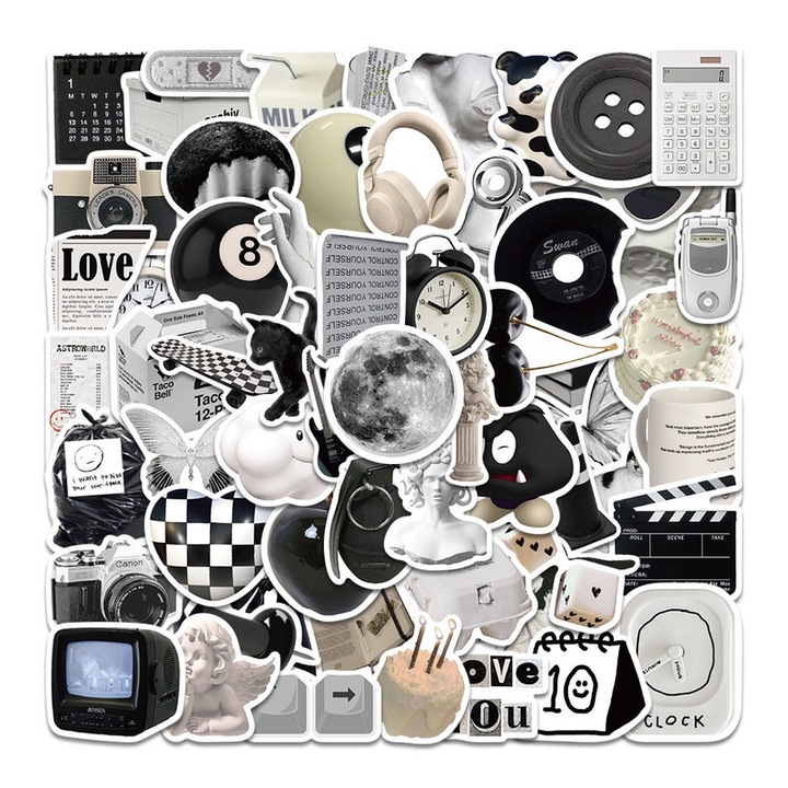 Set Stickere Decorative 61 Pcs Alb si Negru, Waterproof, pentru Laptop, Bicicleta, Geanta