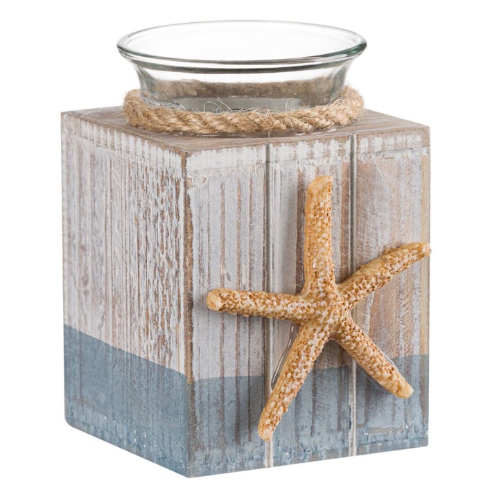 Suport din lemn natural cu baza din sticla, stea de mare, pentru lumanari tip pastila, dimensiuni 7x7x10 cm, decor ideal pentru vara, combinatie perfecta de stil si naturalete