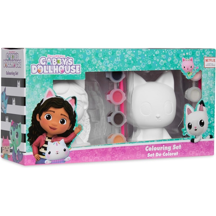 Set de pictat Gabby's Dollhouse, 2 figurine din ipsos, dezvolta creativitatea, include 2 pensule si 8 acuarele, 3+ ani