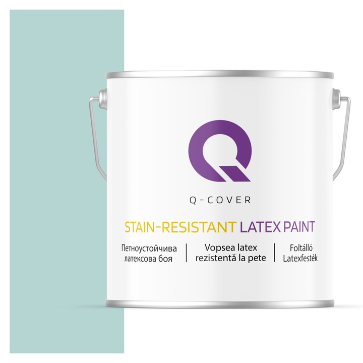 Vopsea latex Rezistenta La Pete, Q-Cover, Verde menta deschis H1561, pentru interior, pe baza de apa, galeti de fier, usor de aplicat, rezistent la frecare, elimina reflexiile luminii, sigura pentru persoanele alergice, fara miros, tixotropa, Mat, 5L