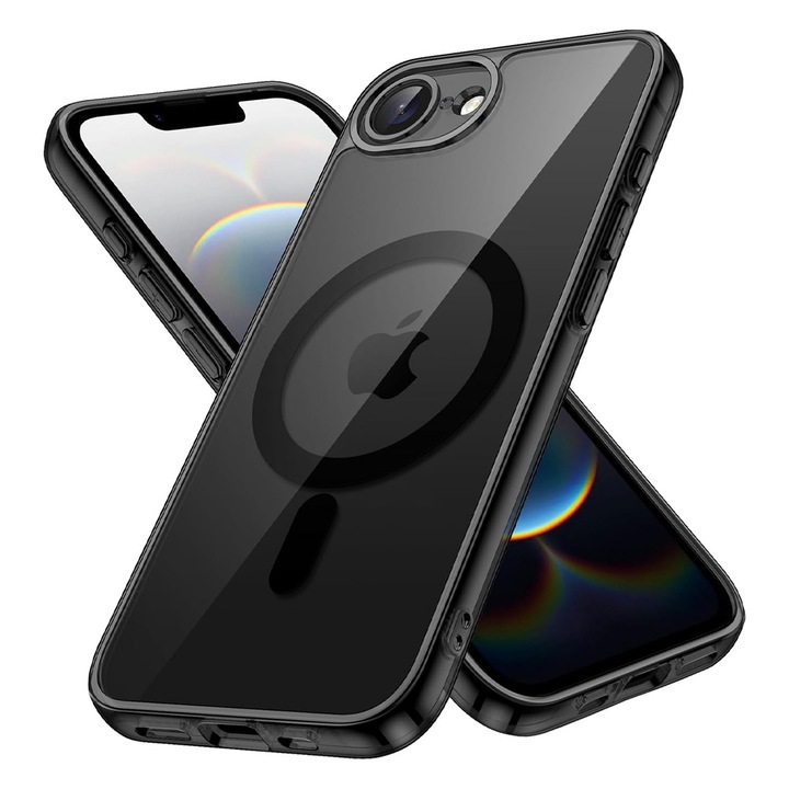 Защитен калъф MagSafe за Apple iPhone 16e, OPTIM SOLUTION, силен магнит, премиум поликарбонат + гъвкав TPU, бързо зареждане, AntiShock, ProCore Tech, ултрабезопасна камера, 2 допълнителни защитни фолиа, черно/прозрачно