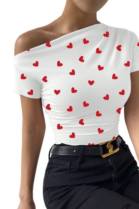 Tricou Dama, Privé Cu Guler Asimetric Si Fronseuri, Alb/Rosu, M