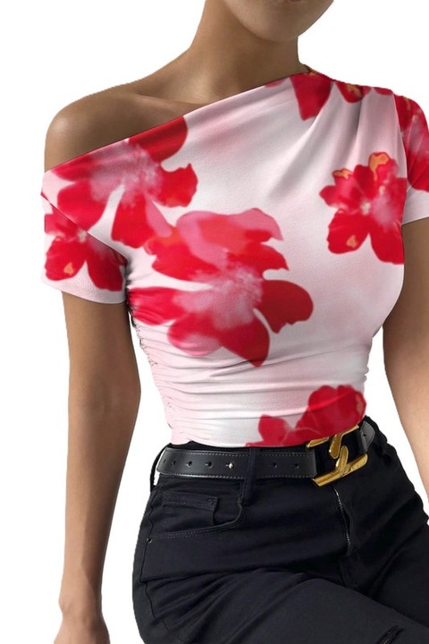 Tricou Dama, Privé Cu Guler Asimetric Si Fronseuri, Alb/Roz, L