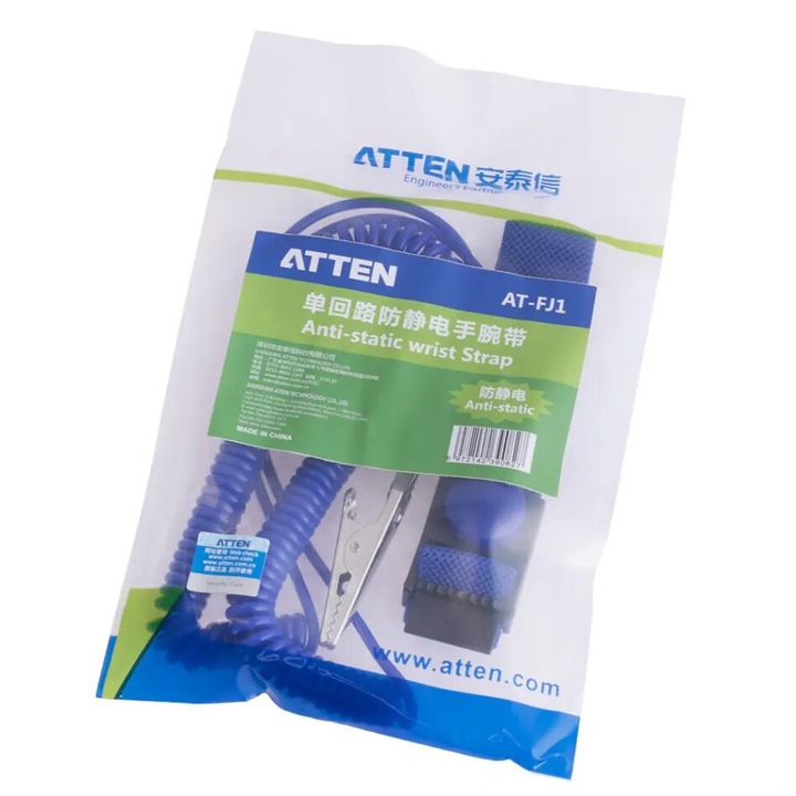 AT-FJ1 antisztatikus csuklópánt, állítható textilpánt, ESD védelem, 1,8 m-es spirálkábel, földelő bilincs és 1MΩ ellenállás, elektronikus berendezések védelme, 10 mm-es banáncsatlakozó, kék, ATTEN