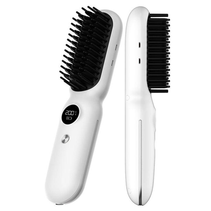 Perie electrica pentru indreptat parul, wireless, funtie de masaj, incalzire rapida MCH, cu ioni negativi anti-frizz, 3 in 1 (pieptanare + indreptare + masaj), temperatura reglabila 120-200°C, afisaj LED, baterie 2600mAh, incarcare Type-C, Alb