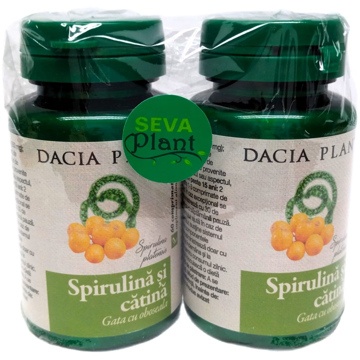 Pachet Spirulina si Catina, "Gata cu oboseala", energizant, nutritiv, remineralizant, antioxidant si imunostimulator, 2x60cp, Dacia Plant