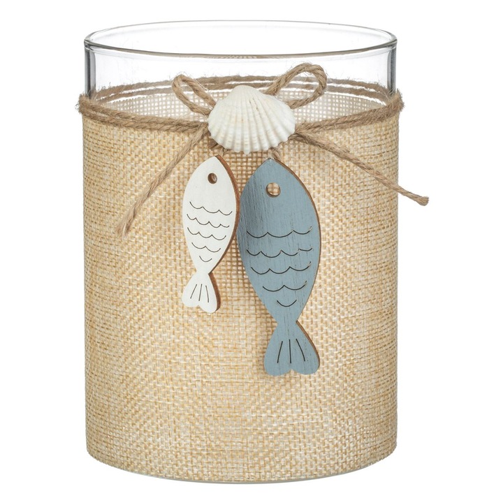 Átlátszó üvegpohár bézs halkagyló zsinórral pirula gyertyákhoz Ø9,5x13cm