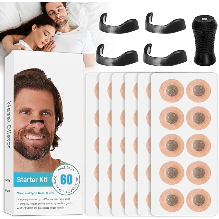 Mágneses orrtágító készlet, PsAyl®, 60 mágneses tapasz, horkolásgátló és sporthoz, növeli az oxigénbevitelt, applikátor, nedvességálló és kényelmes, fekete