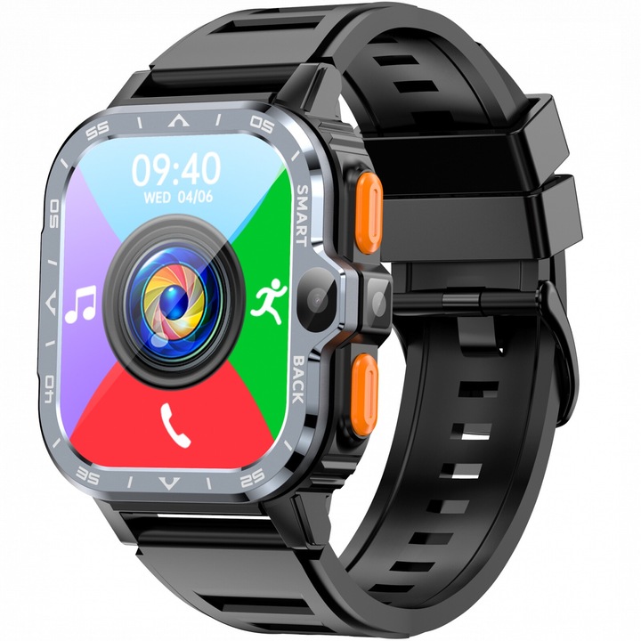 Мъжки смарт часовник TechONE® AndroTick, 2 инча SUPER AMOLED, с 4G SIM, WiFi, камера, Android, Play Store, TikTok, GPS, Bluetooth разговор v 5.4, многоточков пулс, SpO2, Chrome, Google Maps, Instagram, IP68, метален корпус, черен
