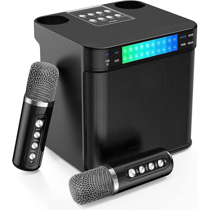 Karaoke mikrofon gyerekeknek és felnőtteknek, külön hangszóróval, vezeték nélküli, Bluetooth, TF kártya modul, 2 mikrofon mellékelve, fekete