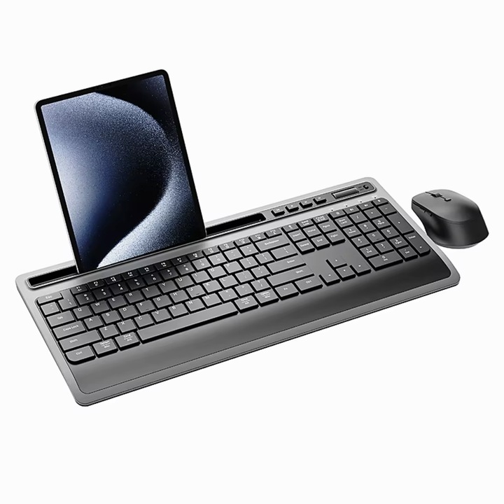 Комплект безжична клавиатура и мишка Teclado Y Mouse, 2.4G, 112 мултимедийни клавиша, Ергономичен дизайн с опора за китката, Стабилна връзка, Тихи клавиши, Цвят сив/черен