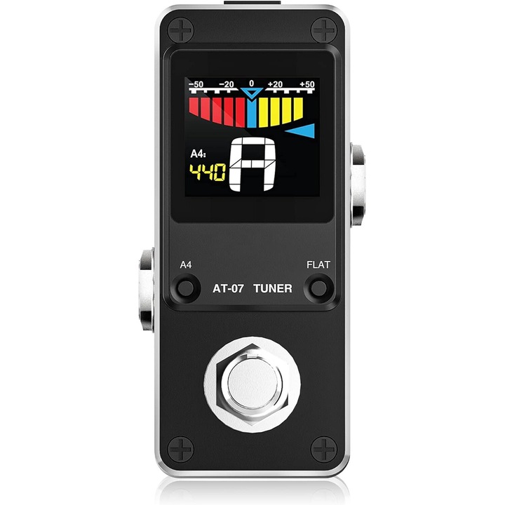 Kromatikus tuner, elektromos gitár tuner pedál, lábkapcsoló bypass, LCD képernyő, alumínium ház, nincs kapcsolási zaj, fekete