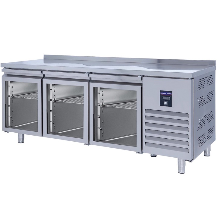 Masa rece profesionala cu 3 usi din sticla Ideal Inox 2000x600x850 volum net 440 l
