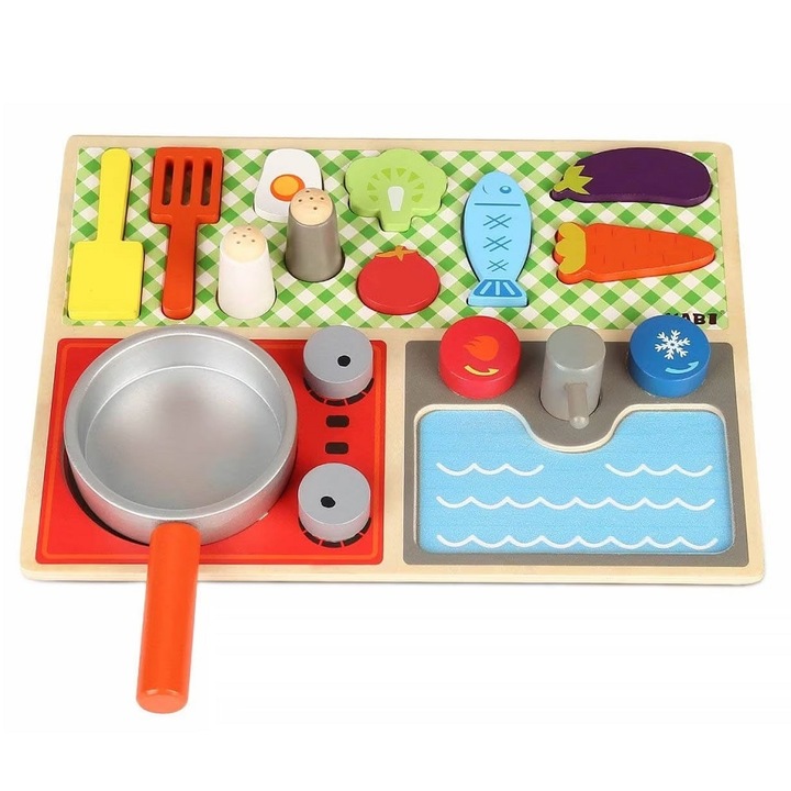 Joc de rol, bucatarie cu 15 accesorii de gatit din lemn, pentru copii 3 ani+, 22.4x30 cm, multicolor